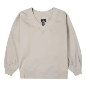 Solid Color Loose Knit V Neck Beige Hoodie